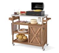 GOPLUS Desserte Jardin Plancha Barbecue, Desserte Jardinage en Bois avec Plan Travail en Acier Inoxydable, 3 Étagères Ouvertes, 4 roulettes, Étagère à Épices et Porte-Serviettes (47x118x92CM,Naturel)