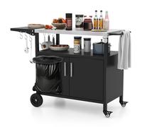 GOPLUS Desserte Jardin pour Plancha Barbecue 3 Niveaux, Îlot Cuisine avec Plan de Travail Pliant,Porte-Serviettes, 6 Crochets,Mobile Préparation Exterieur,Charge 100KG
