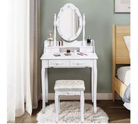 GOPLUS Ensemble de Coiffeuse avec Tabouret,Miroir Rotatif avec 10 Lampes LED Réglables,4 Tiroirs et Lumières,70 x 40 x 146 CM Blanc