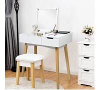 GOPLUS Ensemble de Coiffeuse et Tabouret en Bois de Pin et MDF,Table de Maquillage avec Tabouret Rembourré et Miroir Rabattable