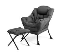 GOPLUS Fauteuil Salon, Chaise Paresseuse avec Repose-Pieds Ottoman Pliant, Pochette Latérale, Chaise Canapé de Loisirs, Style Scandinave, pour Salon, Chambre, Balcon,Charge 150KG+50KG (Gris)