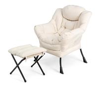 GOPLUS Fauteuil Salon, Chaise Paresseuse avec Repose-Pieds Ottoman Pliant, Pochette Latérale, Chaise Canapé de Loisirs, Style Scandinave, pour Salon, Chambre, Balcon,Charge 150KG+50KG (Blanc)