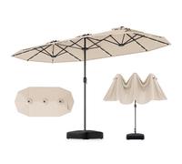 GOPLUS Grand Parasol de Jardin Exterieur avec Pied, 4M Parasol Rectangulaire Double Face pour 6 Personnes avec LED, Manivelle et Ventilation, pour Marché, Piscine, Terrasse, Balcon (Beige)