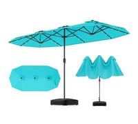 GOPLUS Grand Parasol de Jardin Exterieur avec Pied, 4M Parasol Rectangulaire Double Face pour 6 Personnes avec LED, Manivelle et Ventilation, pour Marché, Piscine, Terrasse, Balcon (Turquoise)