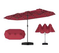 GOPLUS Grand Parasol de Jardin Exterieur avec Pied, 4M Parasol Rectangulaire Double Face pour 6 Personnes avec LED, Manivelle et Ventilation, pour Marché, Piscine, Terrasse, Balcon (Rouge)