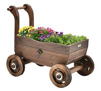GOPLUS Jardinière en Forme de Chariot à 4 Roues, Décoration de Jardin en Bois avec 2 Trous de Drainage, 68 x 38,5 x 53,5 CM, Marron