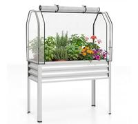 GOPLUS Jardiniere sur Pieds 3 en 1 avec Mini Serre, Carré Potager en Métal Galvanisé avec Porte Zippée Enroulable pour Jardin Balcon Patio, Bac de Culture 142L pour Légumes Herbes Fleurs (Argent)