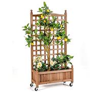 GOPLUS Jardinieres Exterieur Élevée avec Treillis et Roue, Jardiniere Balcon en Bois de Sapin avec Treillage, Trous de Drainage, Pot de Culture Indépendant pour Plante Grimpant, Fleur, Patio, Terrasse