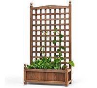 GOPLUS Jardinieres Exterieur Élevée avec Treillis, Jardiniere Balcon en Bois de Sapin avec Treillage, Trous de Drainage, Pot de Culture Indépendant pour Plante Grimpant, Fleur, Patio, Terrasse