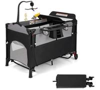 GOPLUS Lit Bébé 5 en 1 Pliable et Portable avec Table à Langer, Fonction de Berceau, d'Enceinte d'Activités,78L x 125l x 65Hcm,Noir
