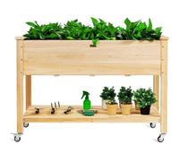GOPLUS Lit Surélevé avec Roulettes, Lit de Jardin en Bois de Sapin avec Étagère & Trous D'Écoulement,Naturel, 120 X 59 X 84 cm