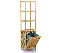GOPLUS Meuble Colonne de Salle de Bain en Bamboo avec 3 Étagères et Panier à Linge Basculant, Meuble de Rangement pour Salle de Bain, 40 x 33 x 160 cm, Naturel