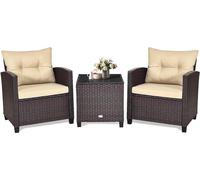GOPLUS Meuble de balcon Set de meubles de jardin en poly rotin Table Chaises Lounge Coussin Beige