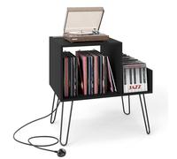 GOPLUS Meuble Platine Vinyle avec Station de Charge, 2Prise&2USB, 66 x 45 x 67 CM, Support pour Tourne-Disque avec Séparateur Amovible pour 145 Album, Étagère Ouvert, Pieds en Métal, pour Bureau