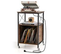 GOPLUS Meuble Platine Vinyle avec Station de Charge Intégrée, 2 Prises AC, 1 USB, et 1 Type-C, Support pour Tourne-Disque, 2 Roues Verrouillables, Style Industriel pour Vinyles et CD, 50x45x82cm