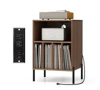 GOPLUS Meuble Platine Vinyles avec Station de Charge, 2 Prise, 2 USB & 1 Type C, Support Tourne-Disque avec 5 Compartiments, Kits Anti-basculement, Pieds en Métal, 53x45x78,5cm (Noyer)