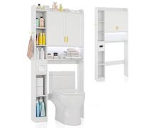 GOPLUS Meuble Salle de Bain avec LED, Meuble WC Dessus de Toilette ou Machine à Laver, Armoire Salle de Bain avec 2 Portes, 7 Compartiments Ouverts, Étagère Réglable, 80x20x171cm (Blanc)
