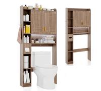 GOPLUS Meuble Salle de Bain avec LED, Meuble WC Dessus de Toilette ou Machine à Laver, Armoire Salle de Bain avec 2 Portes, 7 Compartiments Ouverts, Étagère Réglable, 80x20x171cm (Gris)