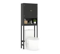 GOPLUS Meuble WC au-Dessus des Toilettes, 168 cm Meuble Salle de Bain avec Portes Cannelées, Étagère Réglable, Barre Inférieure, Étagère Gain de Place pour Salle de Bain Buanderie (Noir)