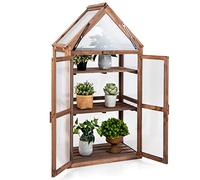 GOPLUS Mini Serre en Bois à encadrement Froid, étagère de jardinière surélevée avec Toit Transparent ouvrable, Portes Doubles et étagères à 3 Niveaux, Serre Portable pour Jardin, Cour, Balcon