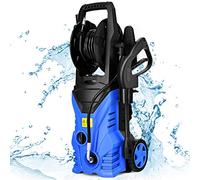GOPLUS Nettoyeur Haute Pression 1400W, 140 Bar, 300 L/H avec Buse Lotus, Buse Haute Pression, Brosse et Pot de Lessive, Enrouleur Flexible, Tuyau 5M avec 2 Roues pour Voiture, Jardin, Terrasse (Bleu)