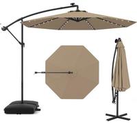 GOPLUS Parasol de Jardin avec 32 Lampes Solaires, Parasol Déporté Inclinable Ø300CM avec Pied de Support, pour Jardin/Plage, Marron