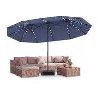GOPLUS Parasol de Jardin Exterieur avec Pied, 4,6x2,8M Grand Parasol Double avec 48 LED Solaires, Manivelle, 12 Baleines, Protection Solaire, pour Terrasse Marché Patio