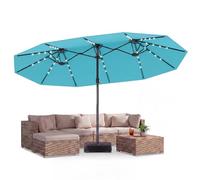 GOPLUS Parasol de Jardin Exterieur avec Pied, 4,6x2,8M Grand Parasol Double avec 48 LED Solaires, Manivelle, 12 Baleines, Protection Solaire, pour Terrasse Patio Marché (Turquoise)