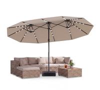 GOPLUS Parasol de Jardin Exterieur avec Pied, 4,7x2,8M Grand Parasol Double Face avec LED Solaires, Manivelle, 12 Baleines, Protection Solaire, pour Terrasse Patio Marché, Beige