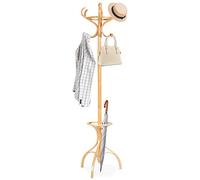 GOPLUS Porte-Manteau sur 3 Pieds avec Support Parapluie, 2 Niveaux et 12 Crochets, 3 Coulours, Support Manteau Perroquet en Bois Courbe, Hauteur de 182CM, pour Entrée, Salon et Bureau (Châtain clair)