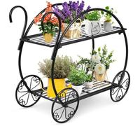 GOPLUS Porte-Plante en Métal Décoratif à 2 Niveaux en Forme de Chariot, Support de Plantes avec Structure Robuste