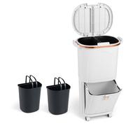 GOPLUS Poubelles Cuisine Mobile 74,5 CM, Poubelle Tri Selectrif à 3 Bacs Double Récipient avec Couvercle, Seau Amovible 12Lx2 Panier Pédale 14L, 4 Roulettes et Poignées (38L|2 Couvercles,Blanc|3 Bacs)
