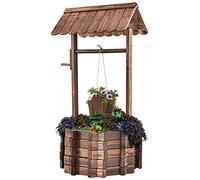 GOPLUS Puits décoratif en Bois de Jardin Rustique, Jardinière d'Extérieur avec Toit Classique,Fontaine Décorative Jardinière avec Seau Suspendu et Lit de Plantation Spacieux (Seau A)