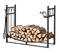GOPLUS Range Bûches Décoratif de 36"" Porte Bûches en Acier avec Pieds Surélevés 6 Crochets et 4 Outils Charge de 50 kg Serviteur