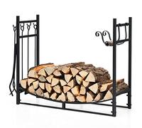 GOPLUS Range Bûches Décoratif, Porte Bûches 6 Crochets et 4 Outils, Charge 50 kg, Serviteur Cheminée pour Intérieur Extérieur 90 x 33 x 76 cm