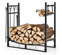 GOPLUS Range Bûches Décoratif, Porte Bûches en Acier Résistant avec Pieds Surélevés, 6 Crochets et 4 Outils, Charge de 50 kg, Serviteur Cheminée pour Intérieur Extérieur