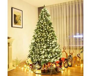GOPLUS Sapin de Noël Artificiel 240CM Lumineux avec Pommes de Pin, Feuilles en PVC/PE,600 LED Blanche Chaude,Socle en Fer,Vert