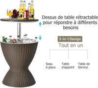 GOPLUS Seau à Glace 30L, Réglable en Hauteur avec Bouchon de Vidange,Table de Refroidisseur de Glace en Rotin Imité, Marron