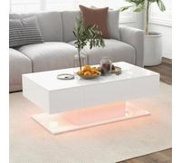 GOPLUS Table Basse LED Moderne, Table Basse Laquée Salon Rectangulaire à 2 Niveaux avec 2 Tiroirs de Rangement, 20 Couleurs de LED, Télécommande, Charge 100KG,110 x 60 x 40 cm (Blanc)