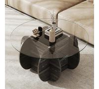 GOPLUS Table Basse Ronde en Verre Trempé, φ89CM Table Basse Salon avec Plateau Spacieux et Pieds en Bois d’Hévéa pour Bureau, Chambre, Capacité 100 kg(Noir,89x46CM)