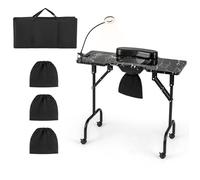 GOPLUS Table de Manucure Portable Pliable, Collecteur de Poussière, Lampe LED, Coussin de Poignet, Roues Verrouillables, Noir