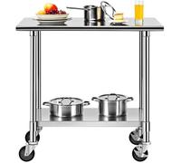 GOPLUS Table de Travail à Roulettes INOX Cuisine Charge 250KG,avec 2 Etagères, Hauteur de Couche Inférieure Réglable, 4 Roues en PU