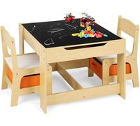 GOPLUS Table d'enfant 3 pièces avec 2 chaises, Set de meubles en bois pour enfants 3 en 1 Pour écrire, dessiner & ranger, Ensemble de sièges pour enfants à partir de 3 ans, filles et garçons (Nature)