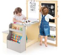 GOPLUS Table Enfant 3 Ans+ avec Chaise et Tableau Blanc Noir Réglable + Rangement-Rouleaux de Papier Interchangeables Gris