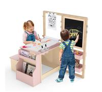 GOPLUS Table Enfant 3 Ans+ avec Chaise et Tableau Blanc Noir Réglable + Rangement-Rouleaux de Papier Interchangeables Rose