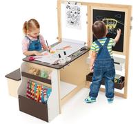 GOPLUS Table Enfant 3 Ans+ avec Chaise et Tableau Blanc Noir Réglable + Rangement-Rouleaux de Papier Interchangeables Café