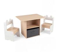 GOPLUS Table Enfant avec 2 Chaise, Table en Bois Enfant 3+ Ans (Blanc) | avec 2 Compartiments et Tiroir en Tissu Pliable, Coins Arrondis, Patins Antidérapants, pour Chambre/Salle de Jeux/Classe