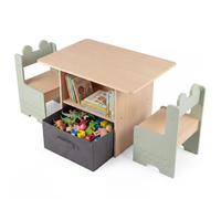 GOPLUS Table Enfant avec 2 Chaise, Table en Bois Enfant 3+ Ans (Vert) | avec 2 Compartiments et Tiroir en Tissu Pliable, Coins Arrondis, Patins Antidérapants, pour Chambre/Salle de Jeux/Classe