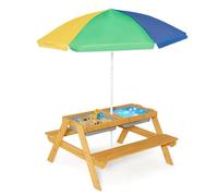 GOPLUS Table Enfant avec Banc et Parasol, 3 en 1 Banc Convertible avec Plateau Amovible et 2 Boîtes de Rangement, Table d’Activité en Bois pour Extérieur, Jardin (Multicolore)