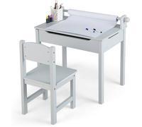 GOPLUS Table Enfant avec Chaise 3+ Ans-Table à Dessin Enfant avec Rouleau du Papier-Bureau d’Écriture en Bois avec Rangement Gris